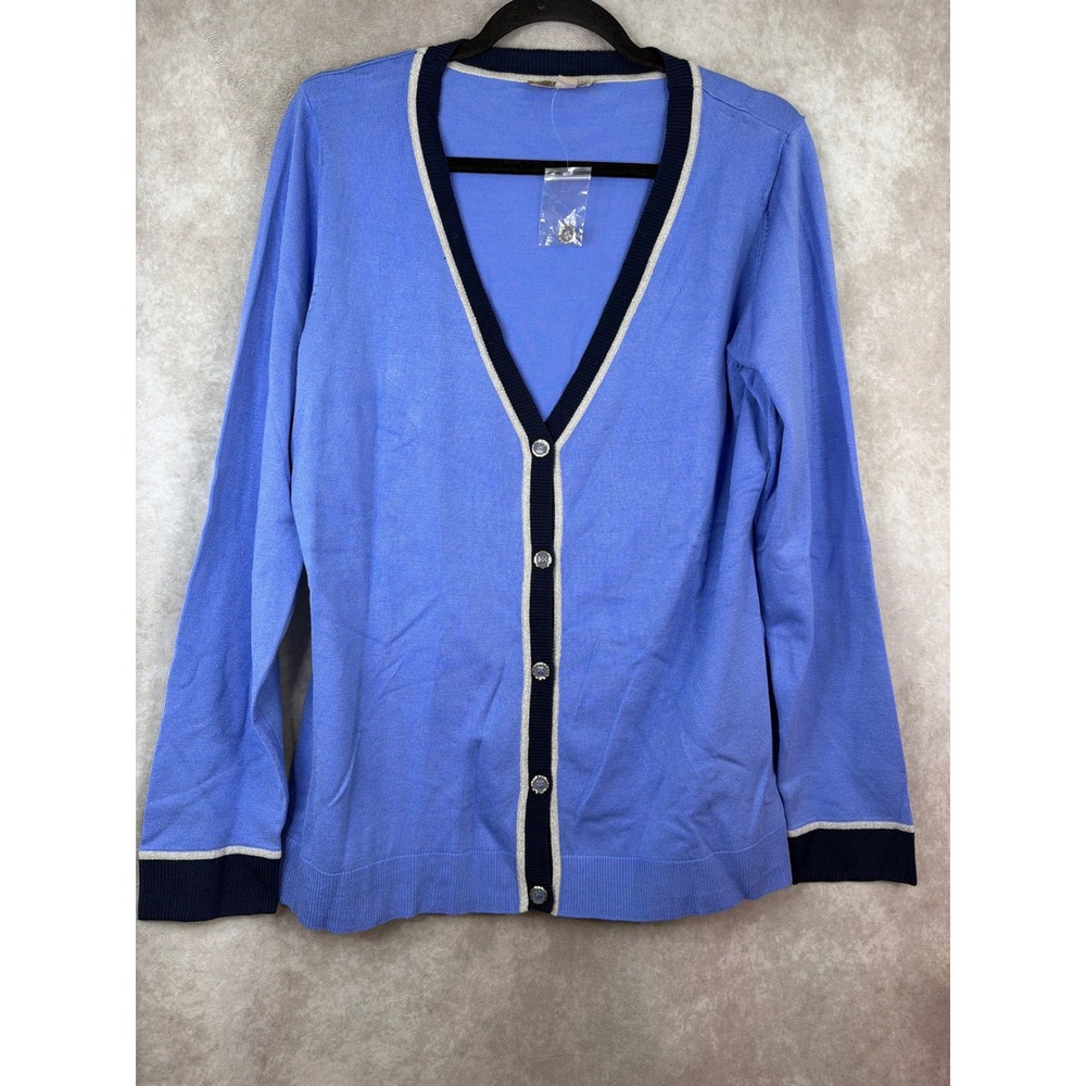 NWOT Kelly by Clinton‎ Kelly Womens Blue Cardigan Sweater Metallic Trim Size L